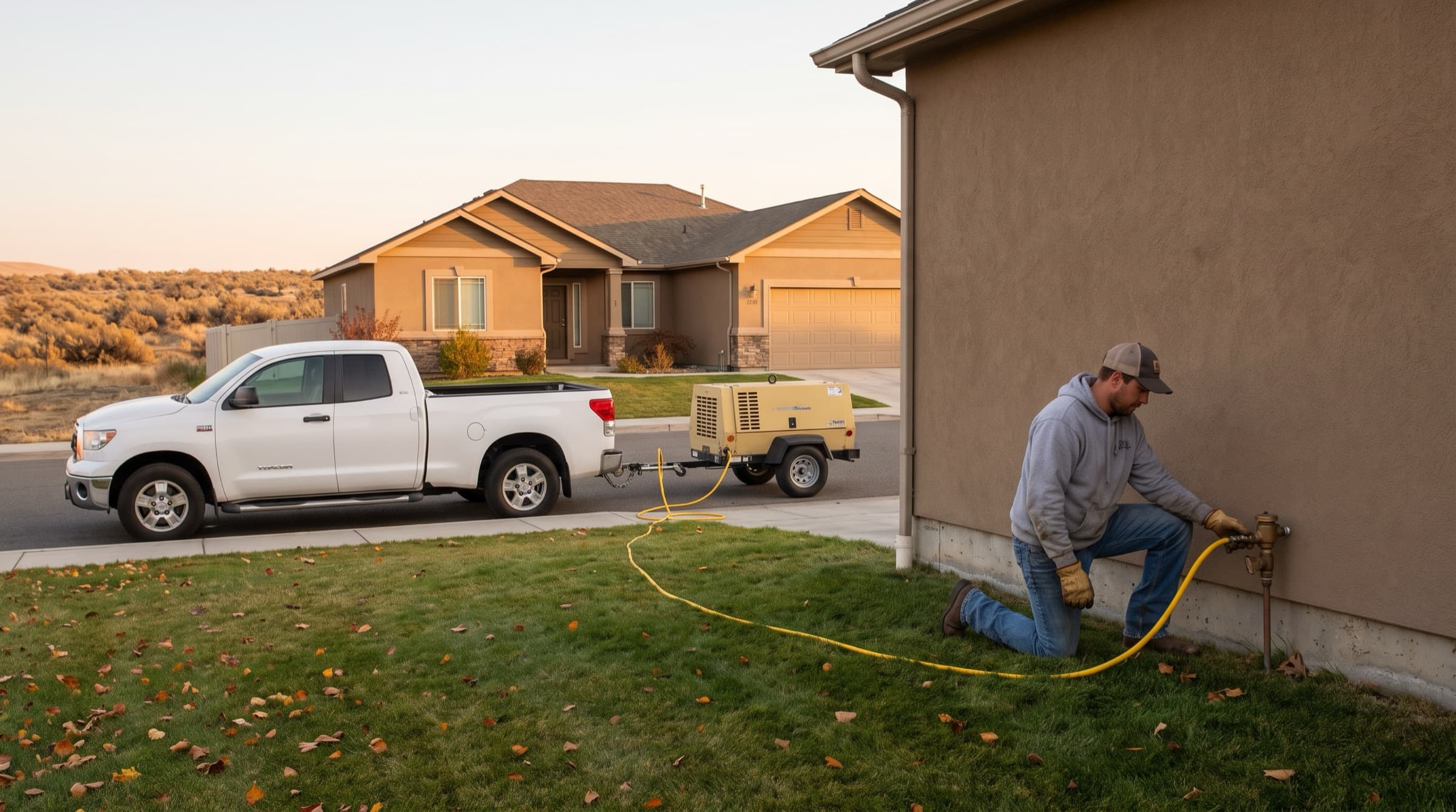 Technician connecting a tow-behind air compressor to a sprinkler backflow valve