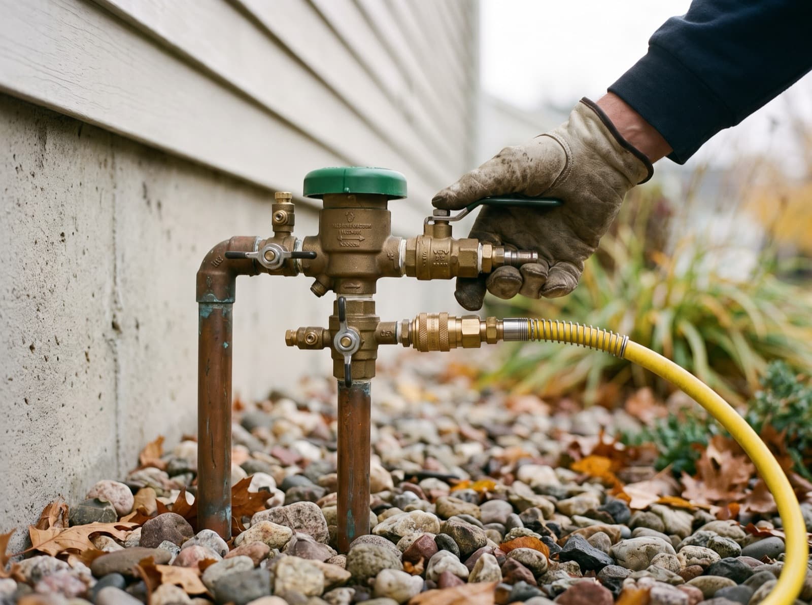 Air compressor hose connected to a sprinkler backflow preventer